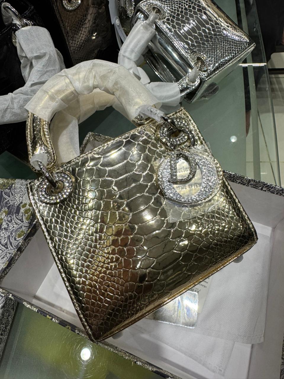 C-H-R-I-S-T-I-A-N D-I-O-R Mini Lady Dior – Crystal Charm Women Bag (Gold)