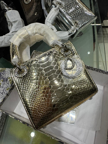 C-H-R-I-S-T-I-A-N D-I-O-R Mini Lady Dior – Crystal Charm Women Bag (Gold)