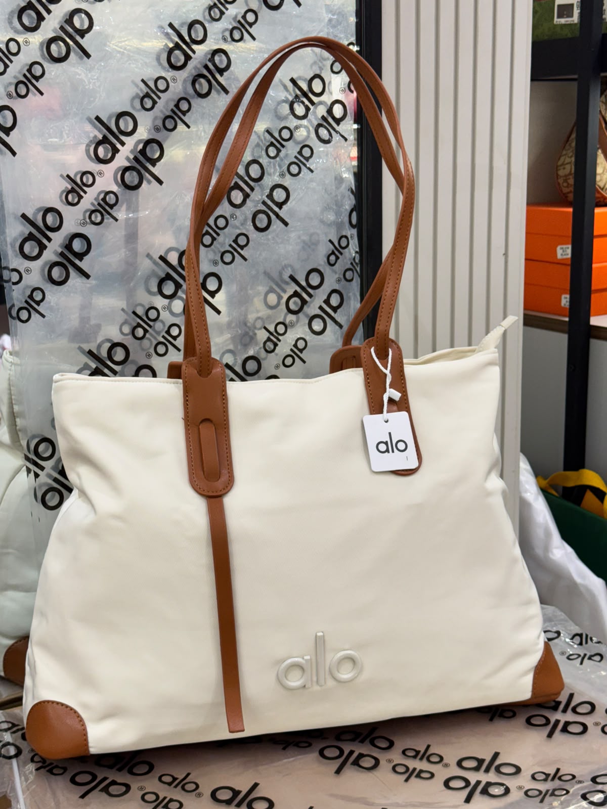 A-L-O Y-O-G-A Large Canvas Shopper Tote – Studio to Street Women Bag (White/Brown)