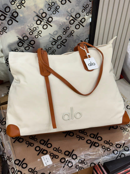 A-L-O Y-O-G-A Large Canvas Shopper Tote – Studio to Street Women Bag (White/Brown)
