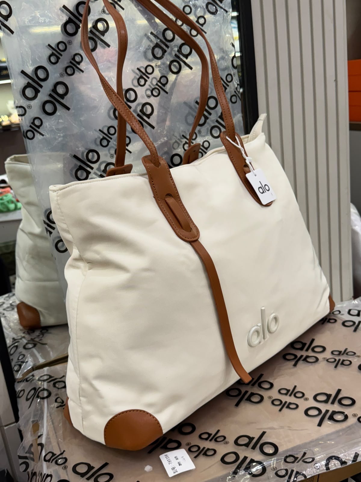 A-L-O Y-O-G-A Large Canvas Shopper Tote – Studio to Street Women Bag (White/Brown)