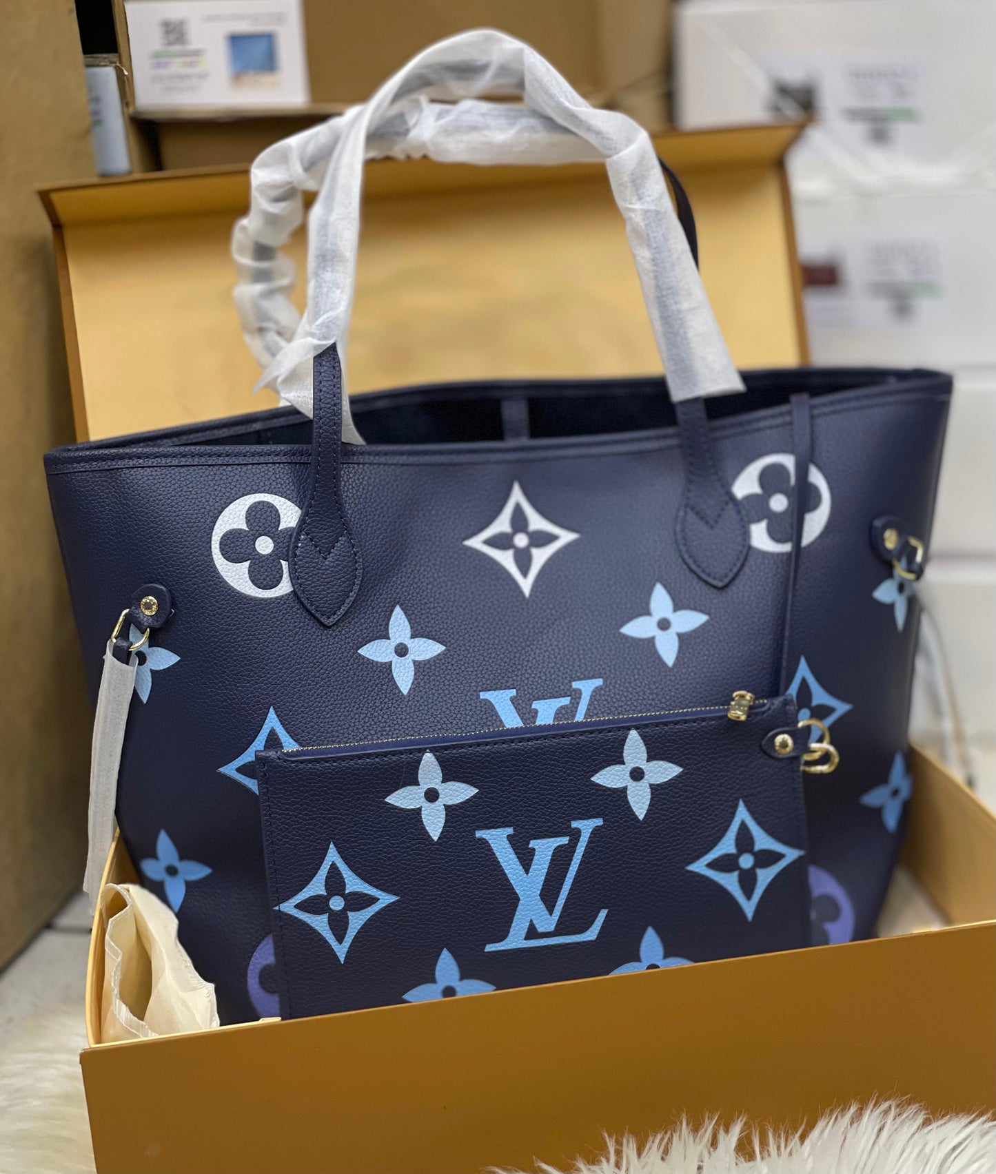 L-O-U-I-S V-U-I-T-T-O-N Neverfull MM Women Bag – Classic Edition 2pc (Blue)