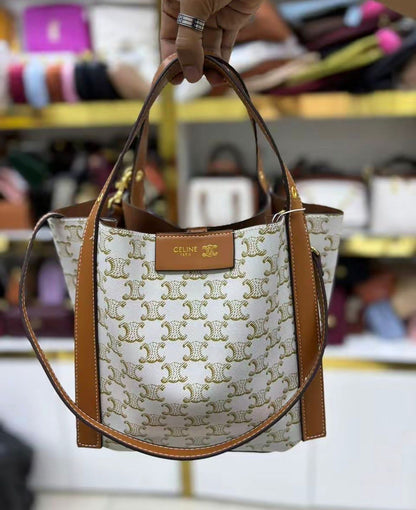 C-E-L-I-N-E Small Cube Bag in Triomphe Canvas – Everyday Luxe Women Bag (White/Brown)