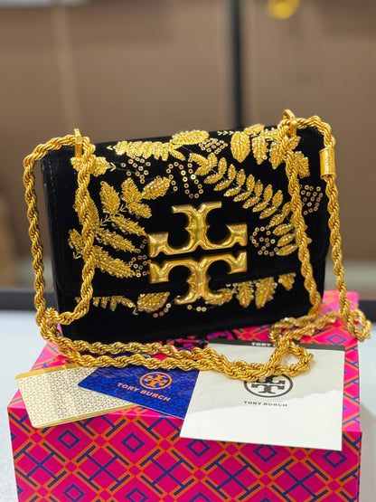 T-O-R-Y B-U-R-C-H Eleanor Embroidered Velvet Convertible Shoulder Bag – Luxe Women Bag (Gold)