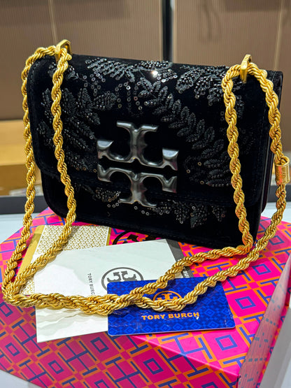 T-O-R-Y B-U-R-C-H Eleanor Embroidered Velvet Convertible Shoulder Bag – Luxe Women Bag (Black)