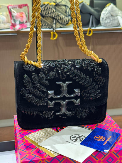 T-O-R-Y B-U-R-C-H Eleanor Embroidered Velvet Convertible Shoulder Bag – Luxe Women Bag (Black)