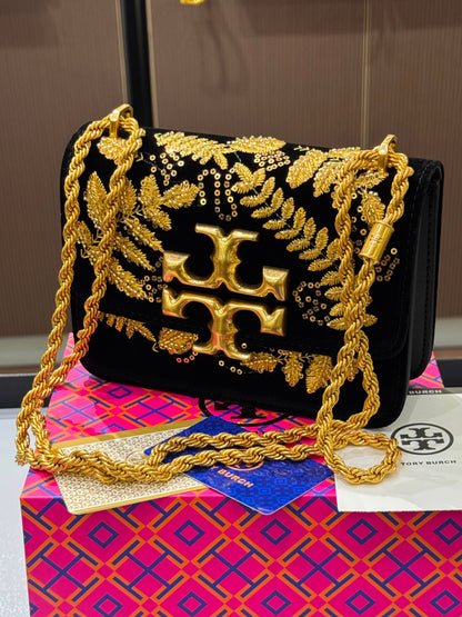 T-O-R-Y B-U-R-C-H Eleanor Embroidered Velvet Convertible Shoulder Bag – Luxe Women Bag (Gold)
