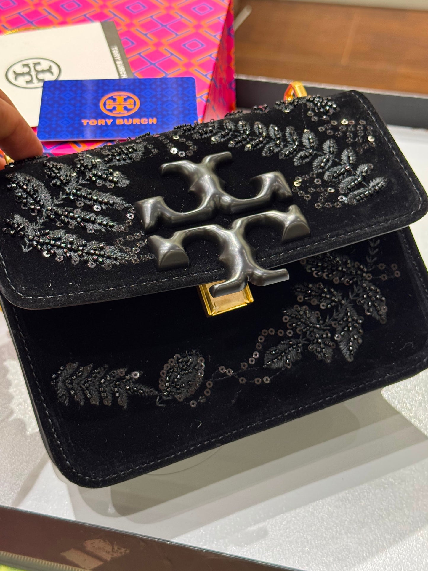 T-O-R-Y B-U-R-C-H Eleanor Embroidered Velvet Convertible Shoulder Bag – Luxe Women Bag (Black)