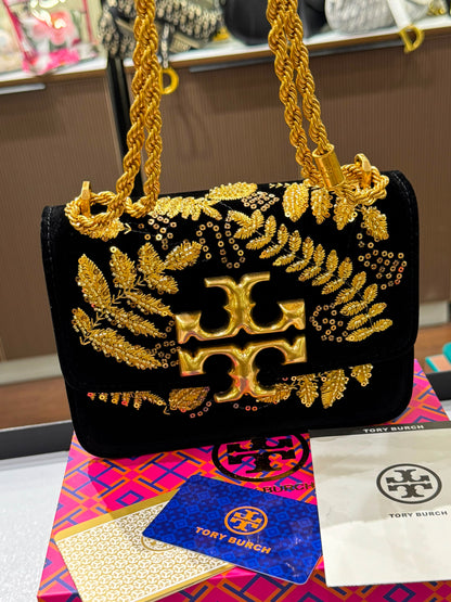 T-O-R-Y B-U-R-C-H Eleanor Embroidered Velvet Convertible Shoulder Bag – Luxe Women Bag (Gold)