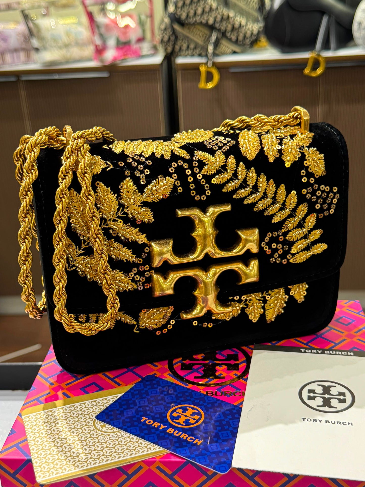 T-O-R-Y B-U-R-C-H Eleanor Embroidered Velvet Convertible Shoulder Bag – Luxe Women Bag (Gold)