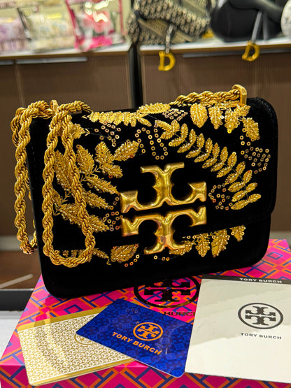 T-O-R-Y B-U-R-C-H Eleanor Embroidered Velvet Convertible Shoulder Bag – Luxe Women Bag (Gold)