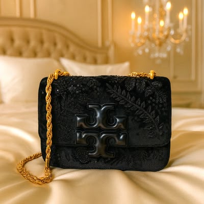 T-O-R-Y B-U-R-C-H Eleanor Embroidered Velvet Convertible Shoulder Bag – Luxe Women Bag (Black)