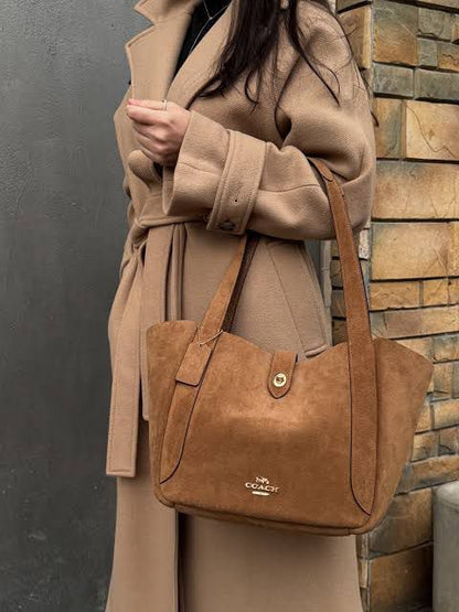 C-O-A-C-H Hadley Turnlock Tote – Elegant Luxe Women Bag (Brown Suede)