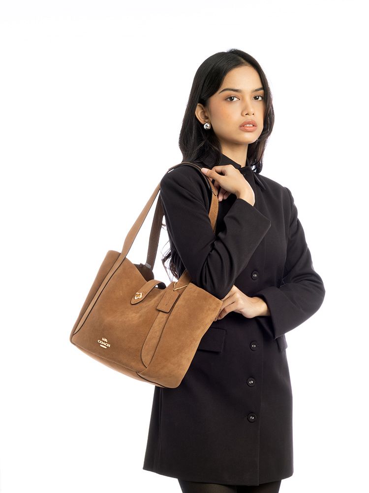 C-O-A-C-H Hadley Turnlock Tote – Elegant Luxe Women Bag (Brown Suede)