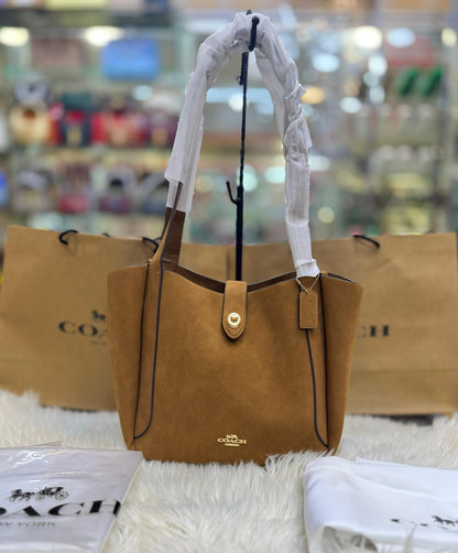 C-O-A-C-H Hadley Turnlock Tote – Elegant Luxe Women Bag (Brown Suede)