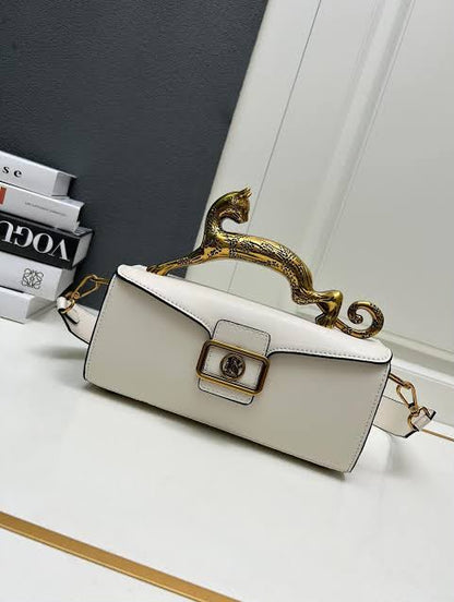 L-A-N-V-I-N Inspired Rateau Pencil Cat Shoulder Bag – Elegant Luxe Women Bag (White)