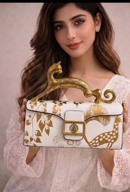 L-A-N-V-I-N Inspired Rateau Pencil Cat Shoulder Bag – Elegant Luxe Women Bag (White Gold)