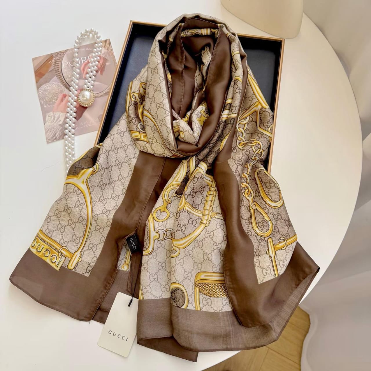 G-U-C-C-I Silk Scarf – Elegant Luxury Women Accessory (Brown)
