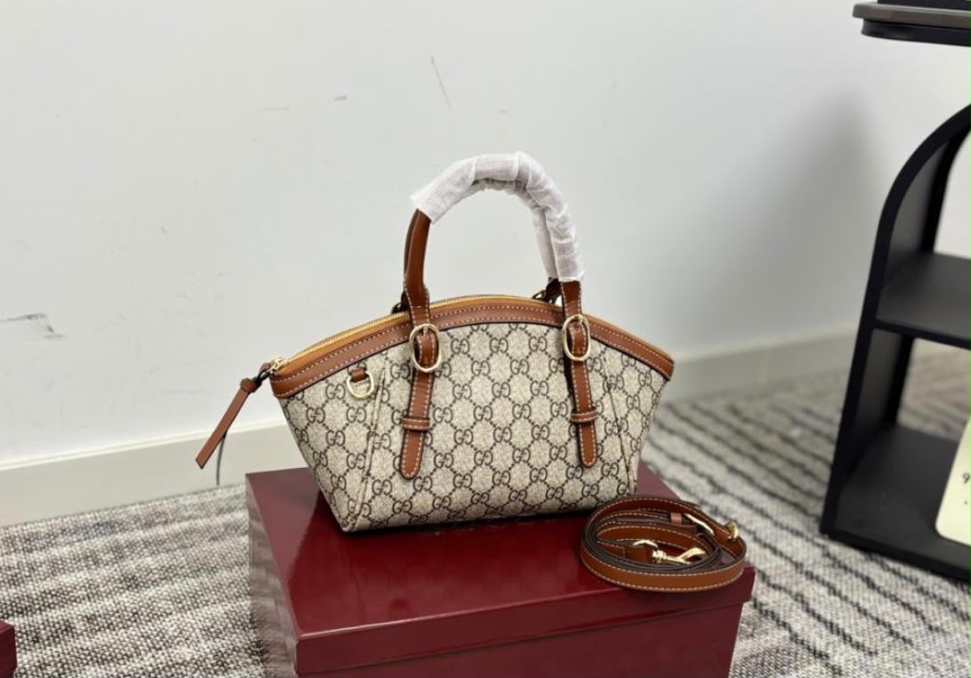 G-U-C-C-I GG Emblem Small Top Handle Crossbody – Signature Luxe Women Bag (Brown)