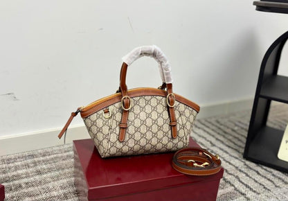 G-U-C-C-I GG Emblem Small Top Handle Crossbody – Signature Luxe Women Bag (Brown)