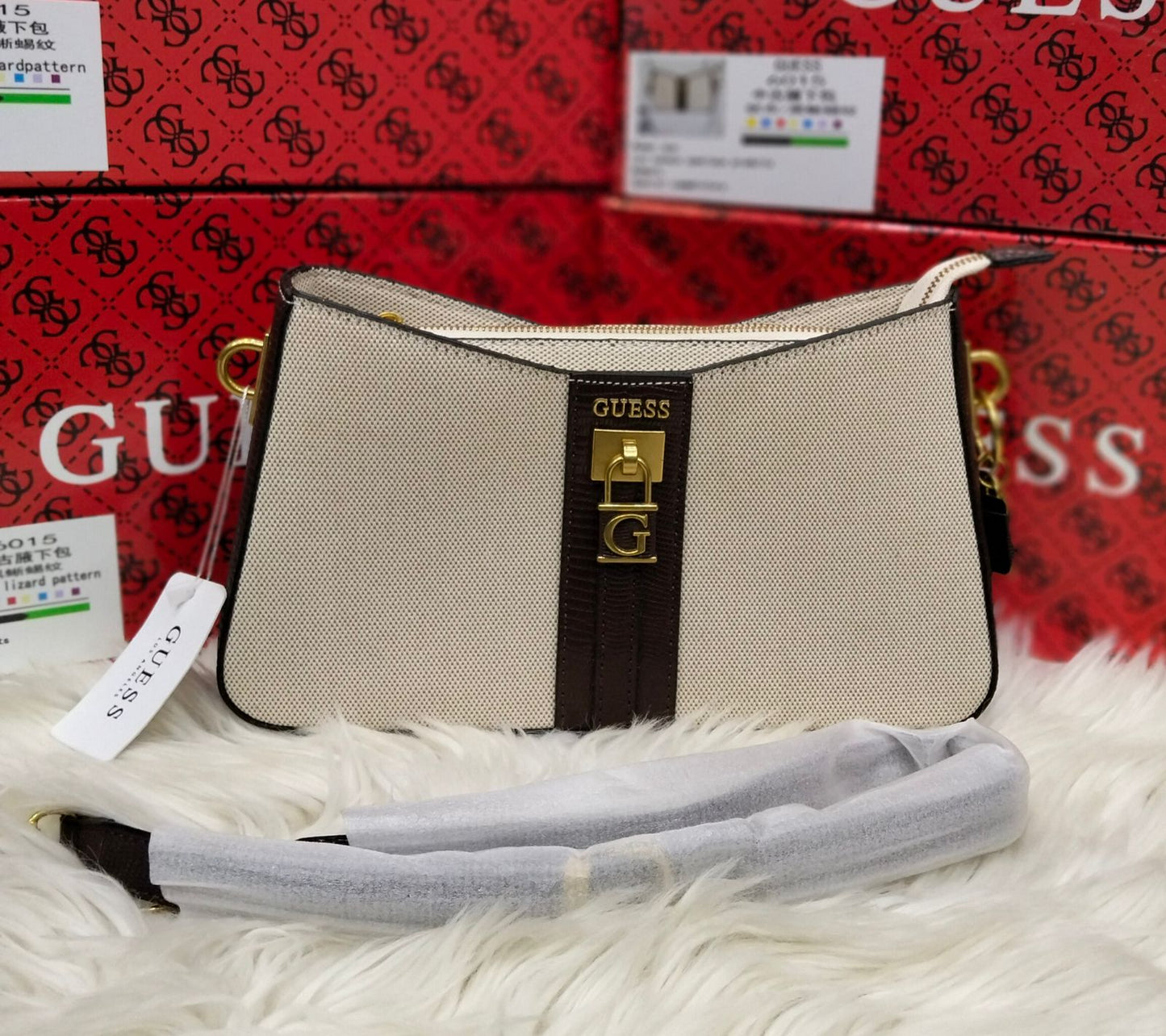 G-U-E-S-S Chic Shoulder Women Bags – Master Quality Collection (Cream/Brown)