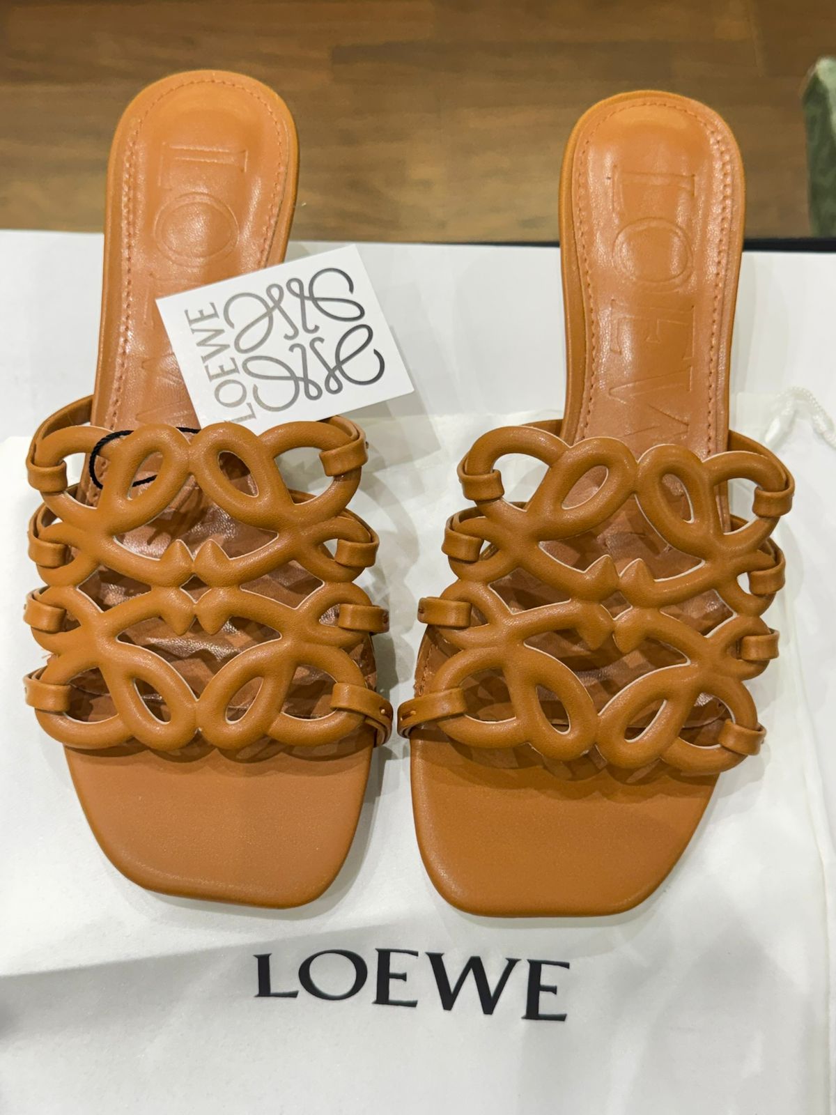 L-O-E-W-E Petal Anagram Slide in Soft Calfskin – Luxury Women Footwear (Brown)