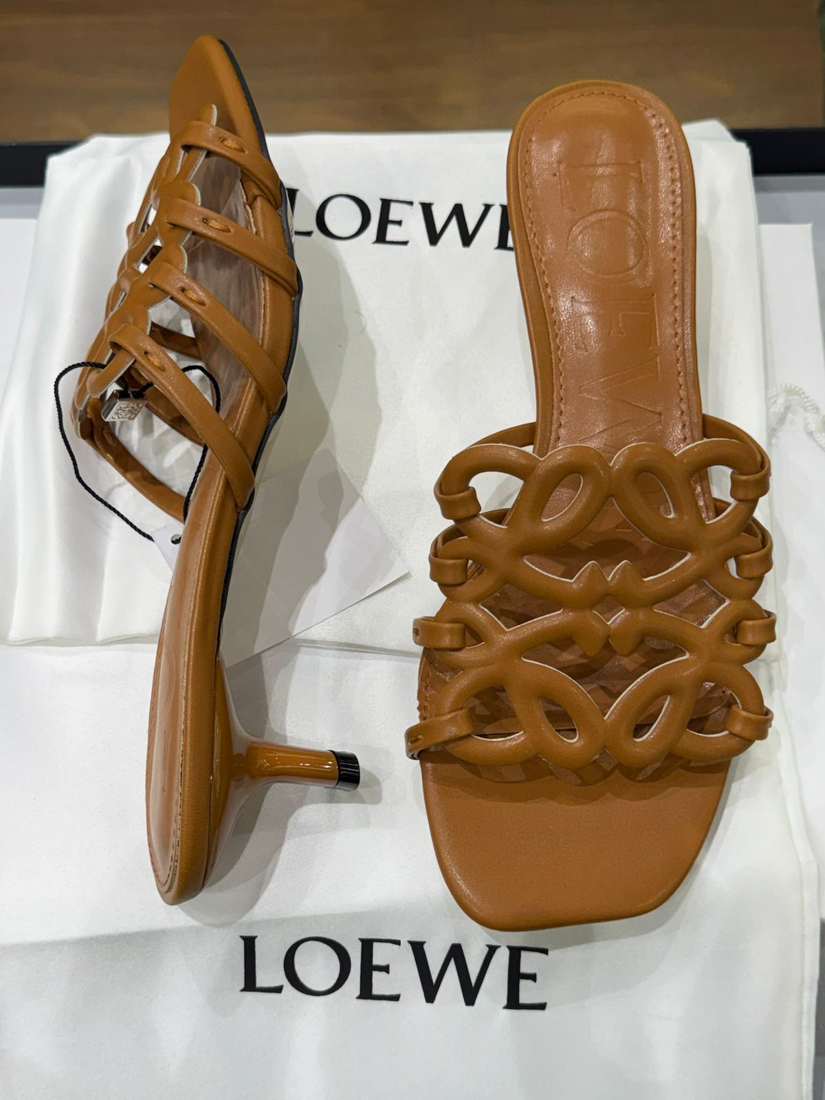 L-O-E-W-E Petal Anagram Slide in Soft Calfskin – Luxury Women Footwear (Brown)