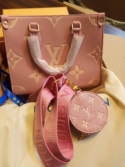 L-O-U-I-S V-U-I-T-T-O-N OnTheGo Handbag with Pouch – 2PC Luxe Women Bag Set (Pink)