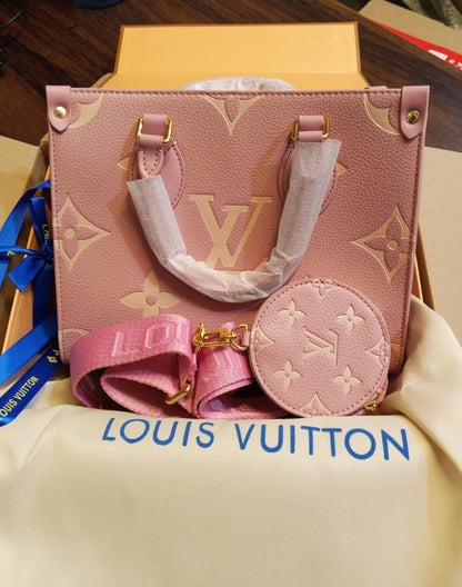L-O-U-I-S V-U-I-T-T-O-N OnTheGo Handbag with Pouch – 2PC Luxe Women Bag Set (Pink)