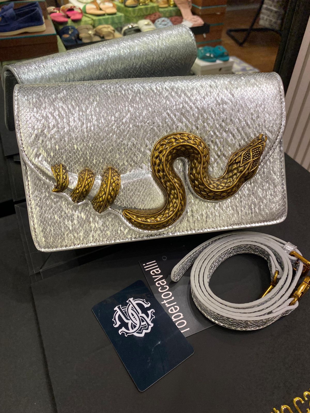 R-O-B-E-R-T-O C-A-V-A-L-L-I Python Motif Shoulder Bag – Luxury Women Bag (White)