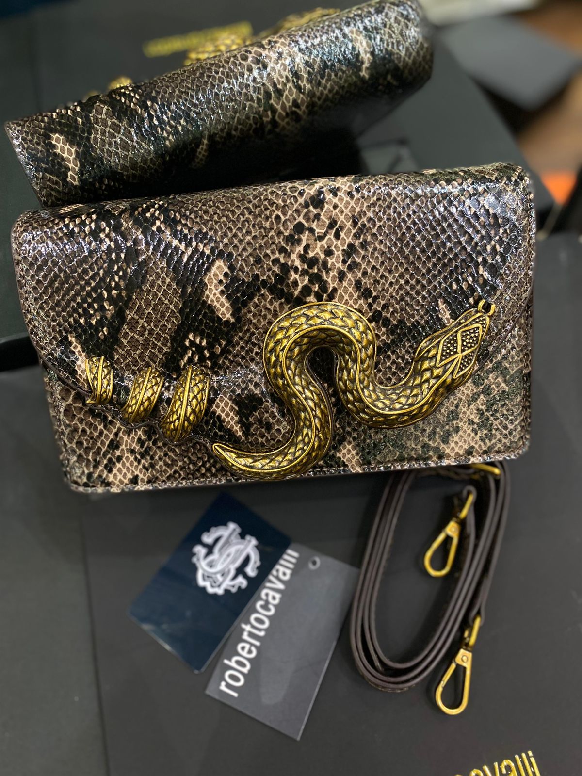 R-O-B-E-R-T-O C-A-V-A-L-L-I Python Motif Shoulder Bag – Luxury Women Bag (Brown-1)