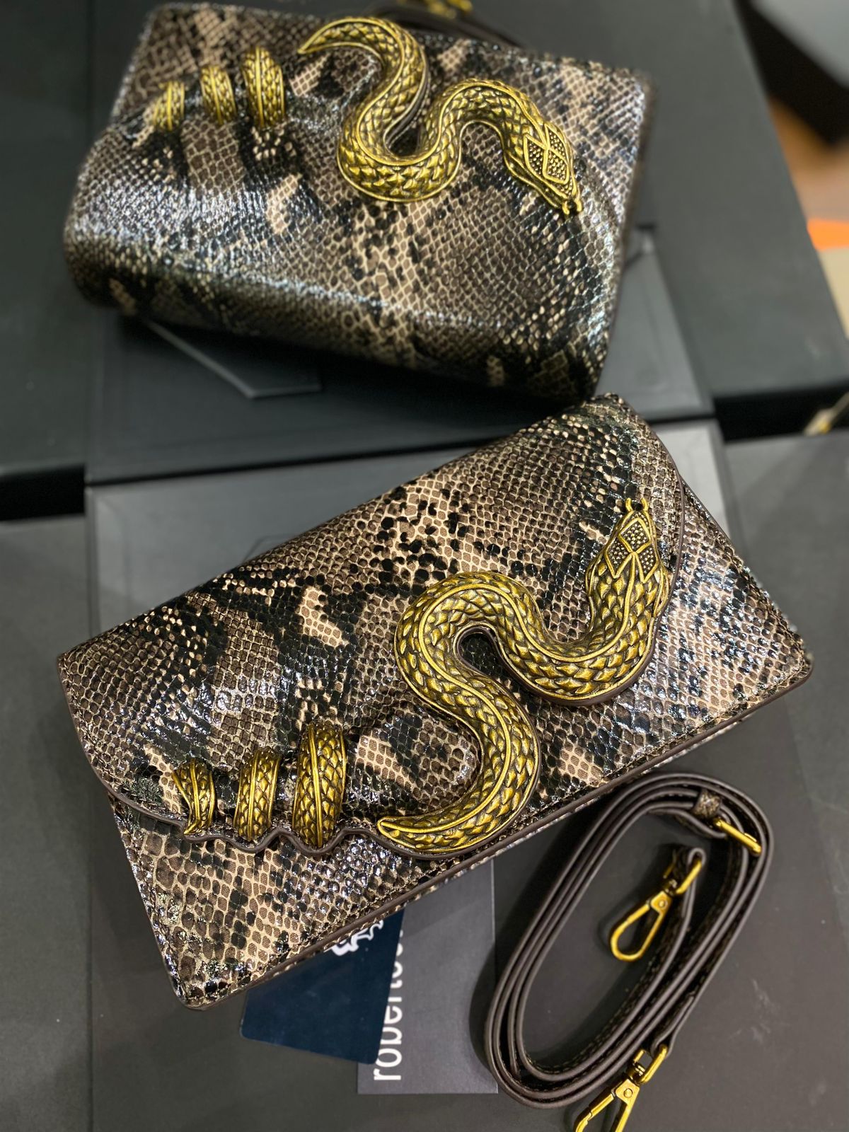 R-O-B-E-R-T-O C-A-V-A-L-L-I Python Motif Shoulder Bag – Luxury Women Bag (Brown-1)