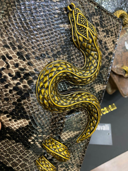 R-O-B-E-R-T-O C-A-V-A-L-L-I Python Motif Shoulder Bag – Luxury Women Bag (Brown-1)