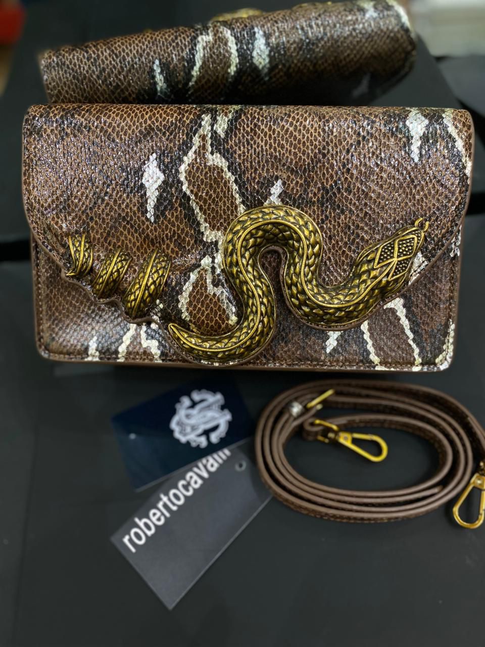 R-O-B-E-R-T-O C-A-V-A-L-L-I Python Motif Shoulder Bag – Luxury Women Bag (Brown-2)