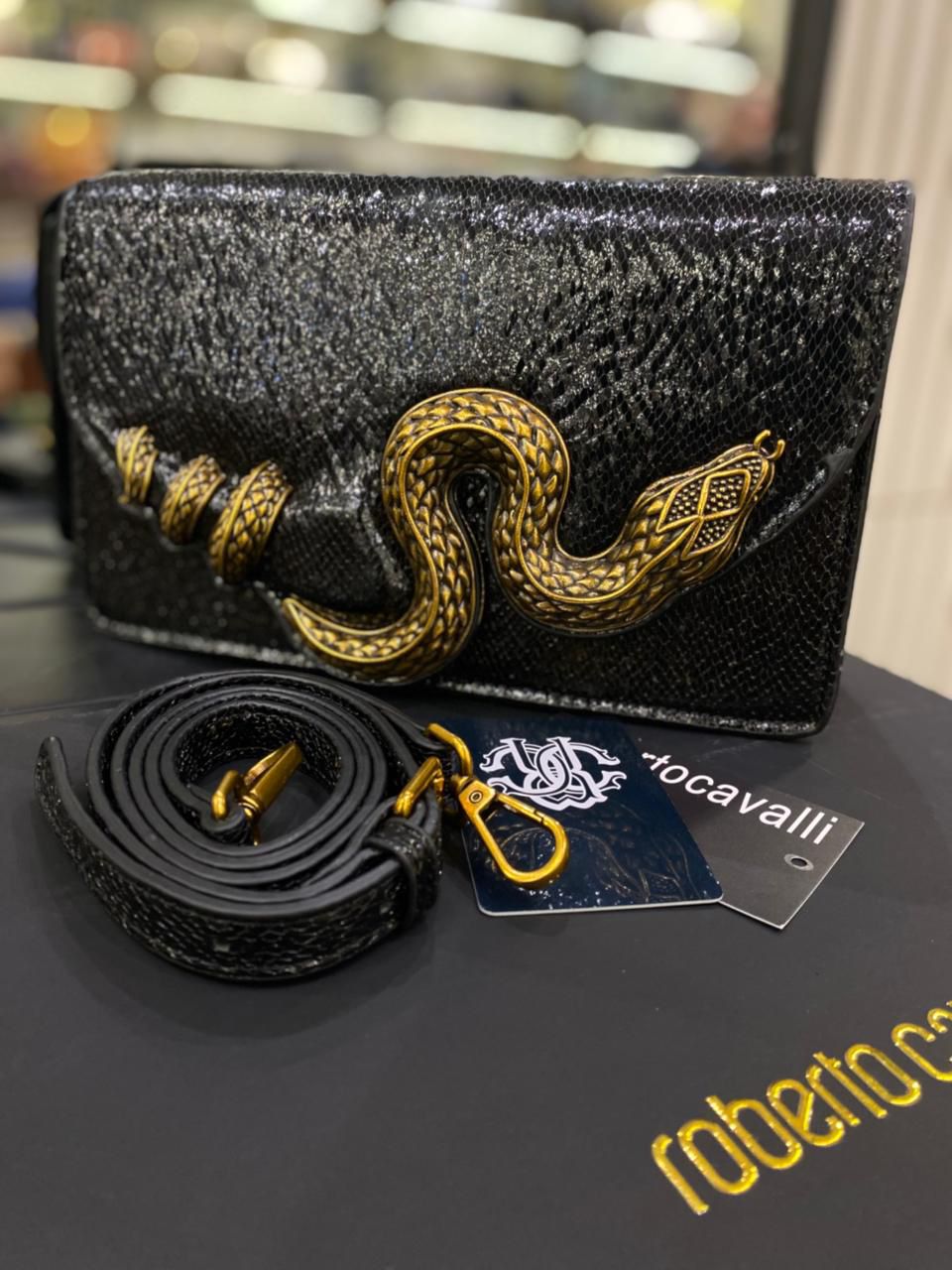 R-O-B-E-R-T-O C-A-V-A-L-L-I Python Motif Shoulder Bag – Luxury Women Bag (Black)