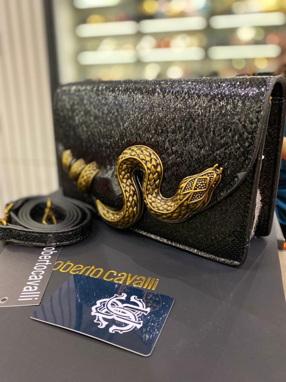 R-O-B-E-R-T-O C-A-V-A-L-L-I Python Motif Shoulder Bag – Luxury Women Bag (Black)