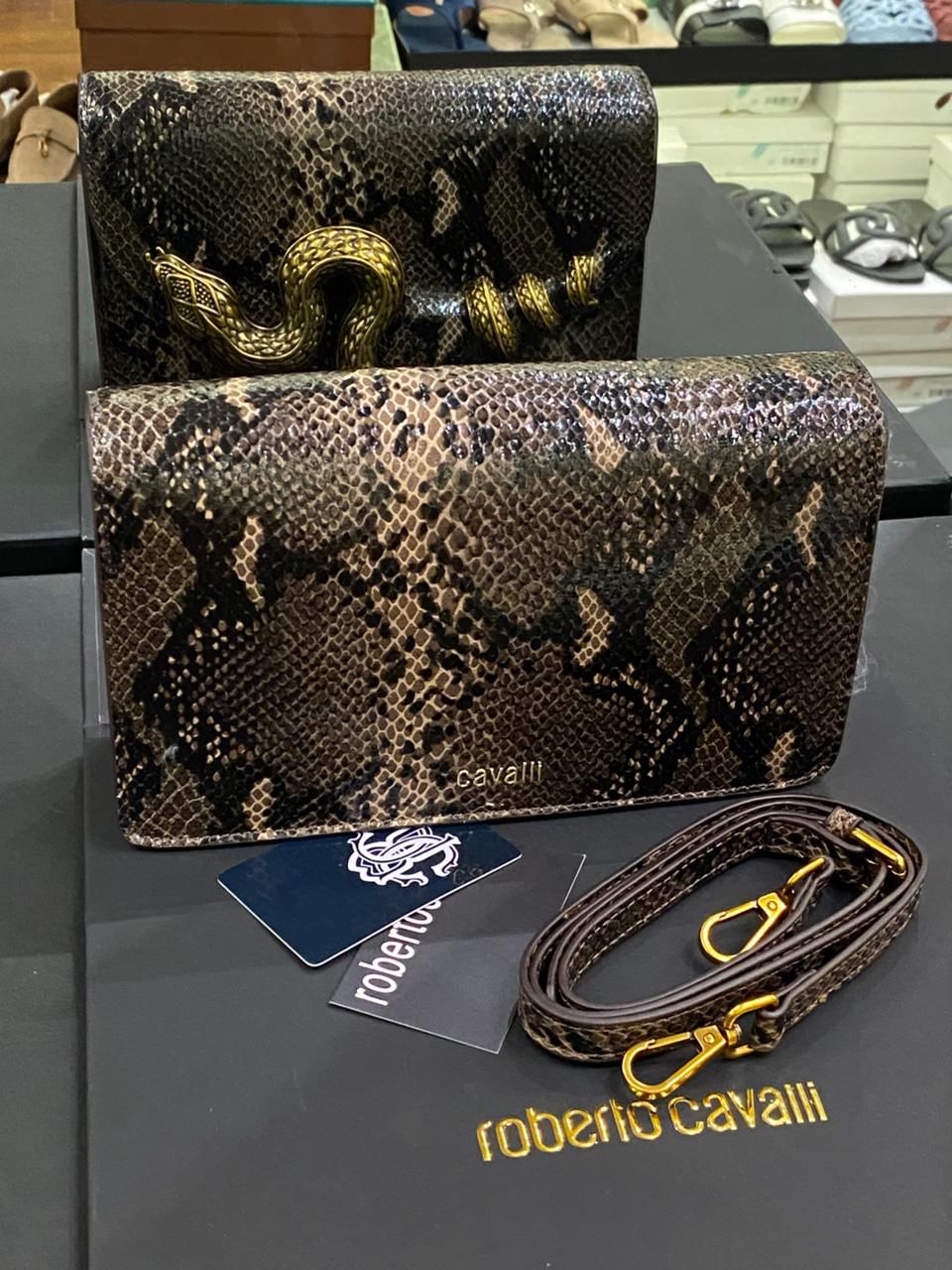 R-O-B-E-R-T-O C-A-V-A-L-L-I Python Motif Shoulder Bag – Luxury Women Bag (Brown-1)