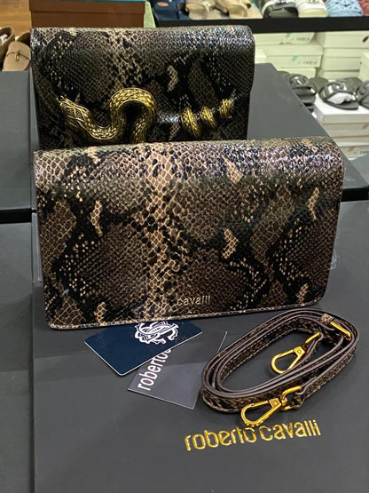 R-O-B-E-R-T-O C-A-V-A-L-L-I Python Motif Shoulder Bag – Luxury Women Bag (Brown-1)