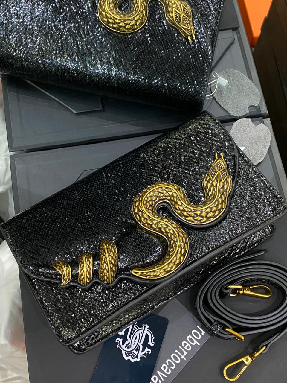 R-O-B-E-R-T-O C-A-V-A-L-L-I Python Motif Shoulder Bag – Luxury Women Bag (Black)