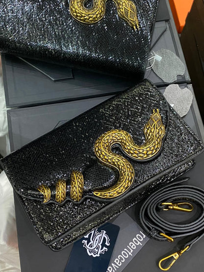R-O-B-E-R-T-O C-A-V-A-L-L-I Python Motif Shoulder Bag – Luxury Women Bag (Black)