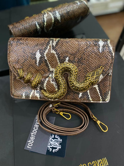 R-O-B-E-R-T-O C-A-V-A-L-L-I Python Motif Shoulder Bag – Luxury Women Bag (Brown-2)