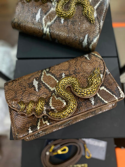 R-O-B-E-R-T-O C-A-V-A-L-L-I Python Motif Shoulder Bag – Luxury Women Bag (Brown-2)