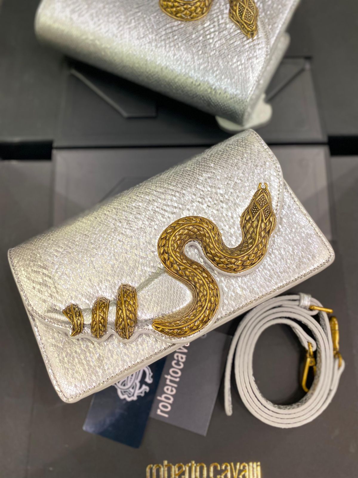 R-O-B-E-R-T-O C-A-V-A-L-L-I Python Motif Shoulder Bag – Luxury Women Bag (White)