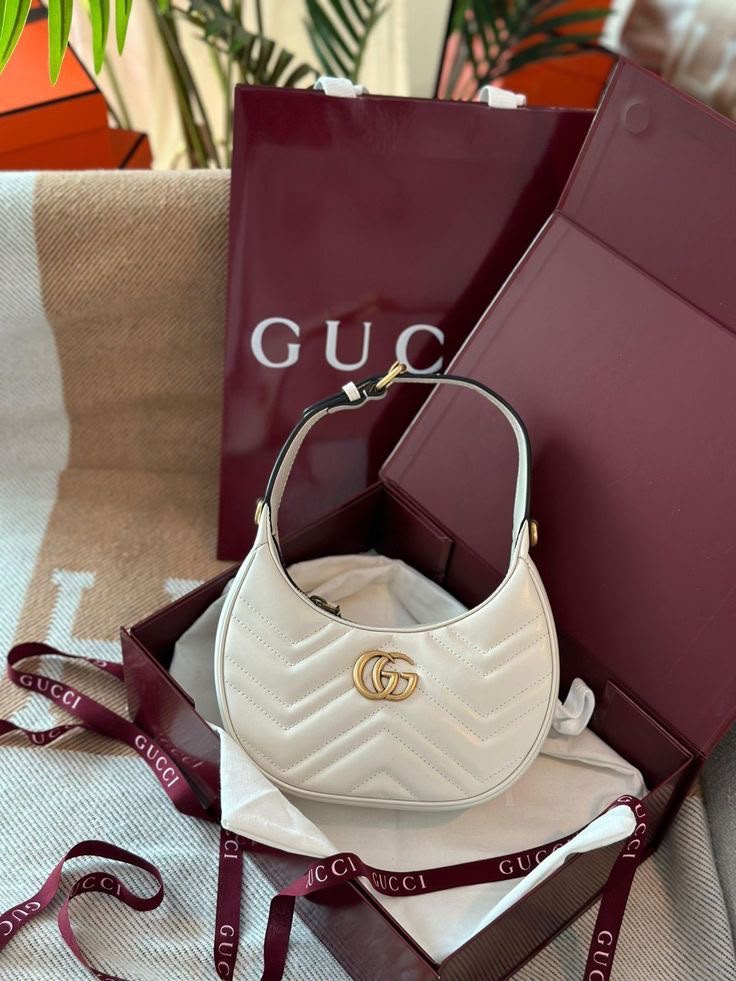 G-U-C-C-I GG Marmont Half-Moon Mini Bag – Elegant Luxe Women Bag (White)