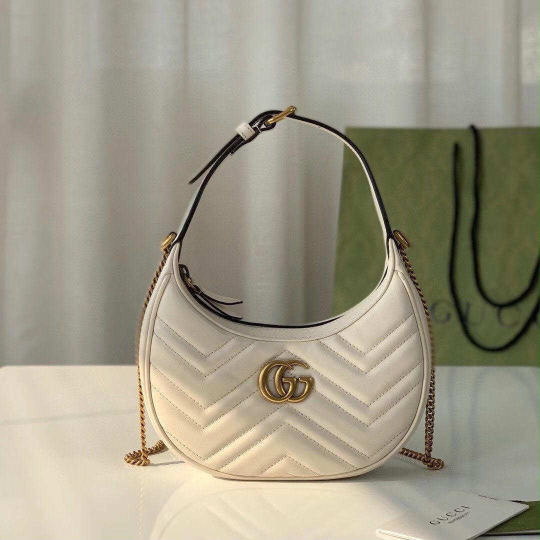 G-U-C-C-I GG Marmont Half-Moon Mini Bag – Elegant Luxe Women Bag (White)