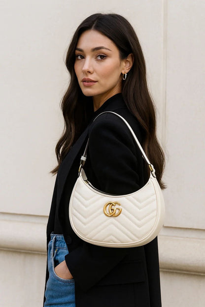 G-U-C-C-I GG Marmont Half-Moon Mini Bag – Elegant Luxe Women Bag (White)
