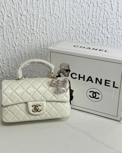 C-H-A-N-E-L Quilted Mini Top Handle Rectangular Flap Bag – Luxury Women Bag (White)