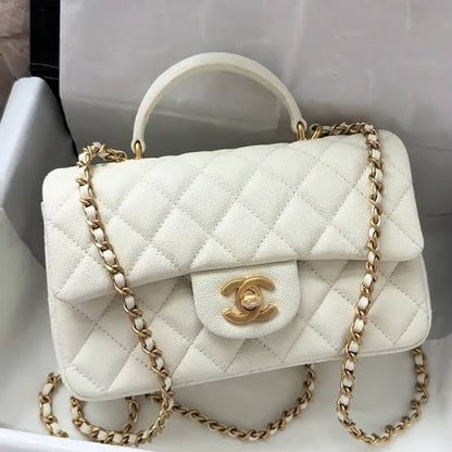 C-H-A-N-E-L Quilted Mini Top Handle Rectangular Flap Bag – Luxury Women Bag (White)