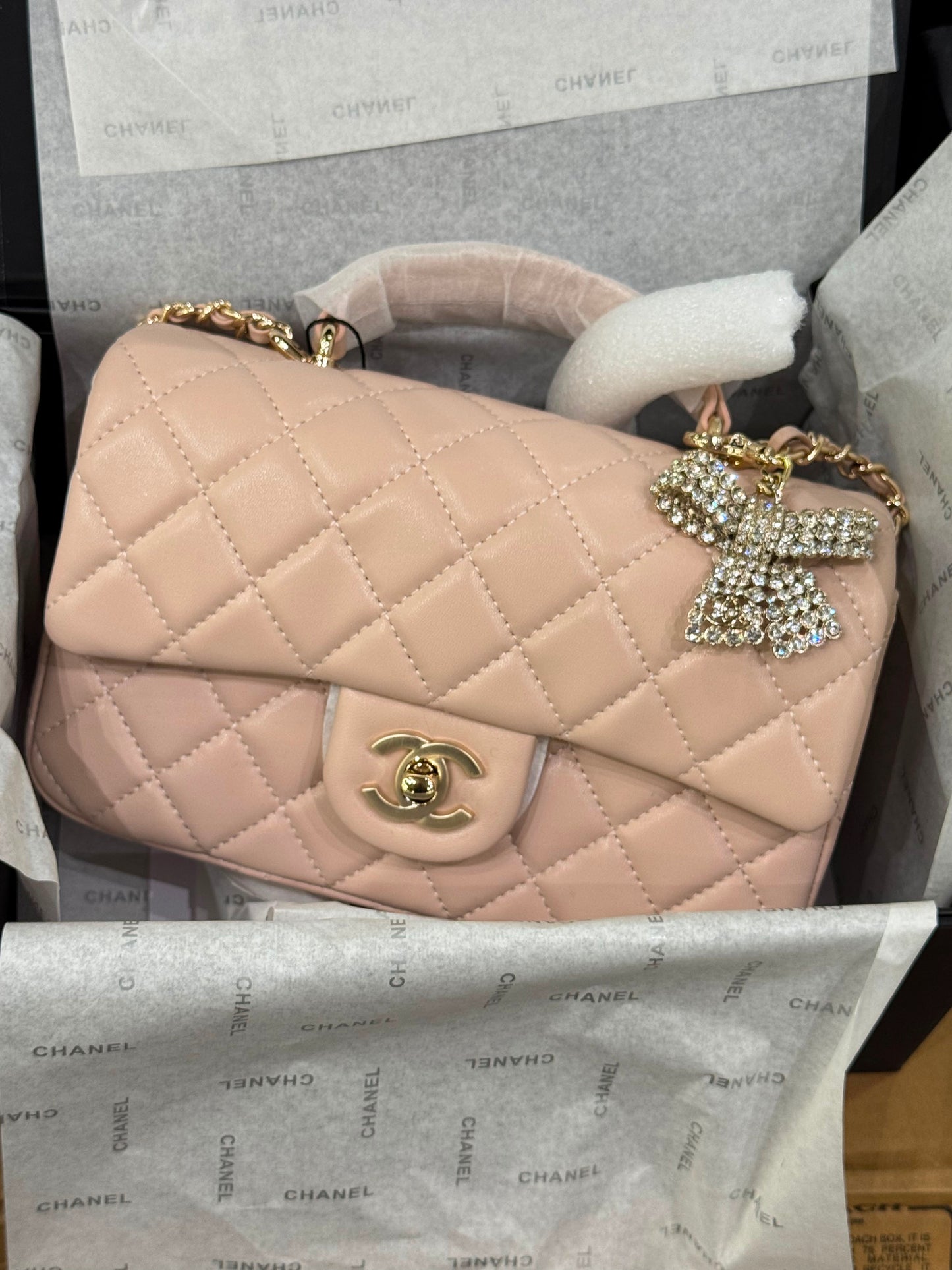 C-H-A-N-E-L Quilted Mini Top Handle Rectangular Flap Bag – Luxury Women Bag (Peach/Beige)