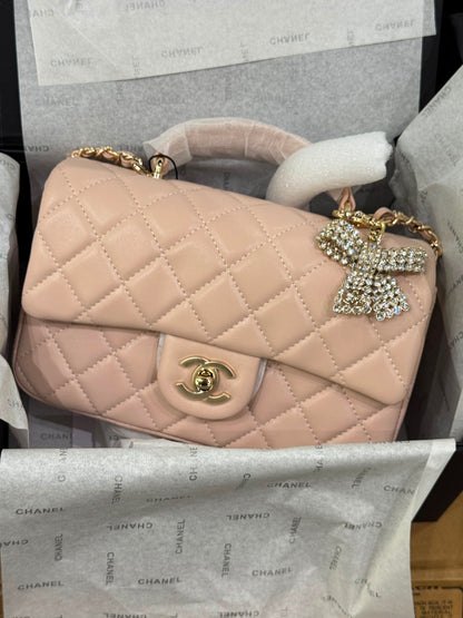 C-H-A-N-E-L Quilted Mini Top Handle Rectangular Flap Bag – Luxury Women Bag (Peach/Beige)